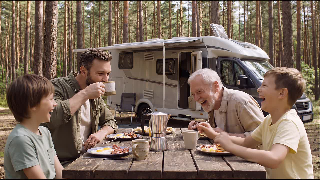 Famiglia felice multigenerazionale che fa colazione in campeggio con un camper.