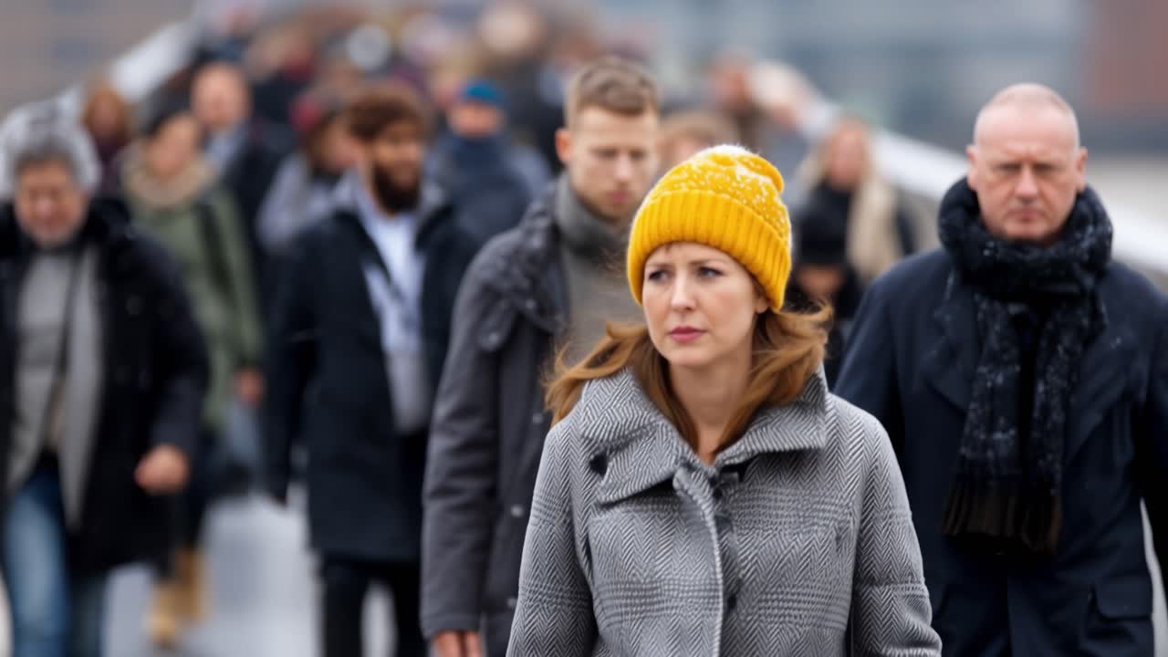 Fiocchi di neve scendono leggeri su un ponte cittadino trafficato. Le persone camminano con cappotti invernali dai colori tenui, infagottate contro il freddo. I volti mostrano determinazione, non emozione: nessun sorriso, nessun turbamento. La folla avanza con un ritmo costante
