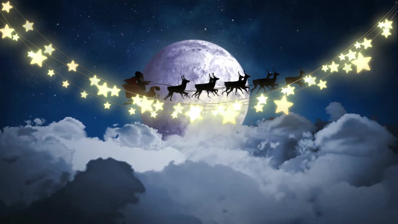 Animation of christmas decorations over clouds with moon and santa in sleigh
