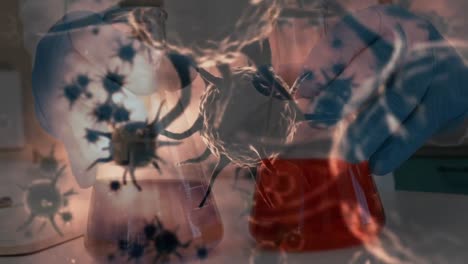 animación del virus de la corona con un científico en el fondo