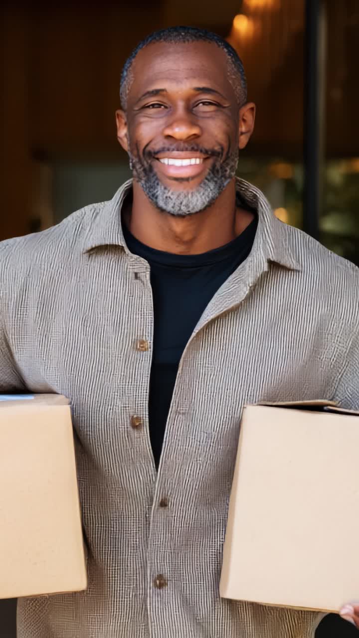 Uomo sorridente che tiene in mano scatole di consegna, pronto a condividere la merce con entusiasmo, mostrando gioia e coinvolgimento nella comunità nei momenti della vita moderna