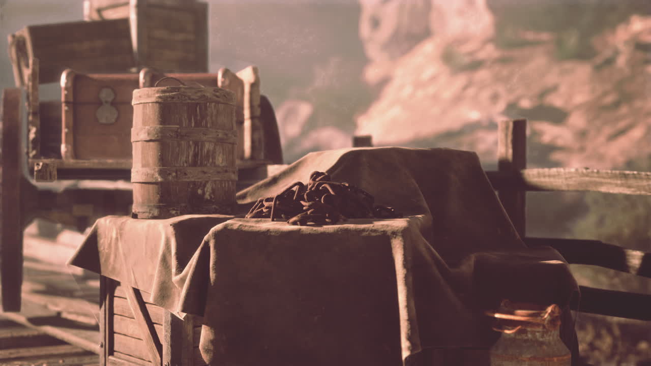 오래된 서쪽의 빈티지 마차에 있는 녹슬은 사슬과 나무 바구니