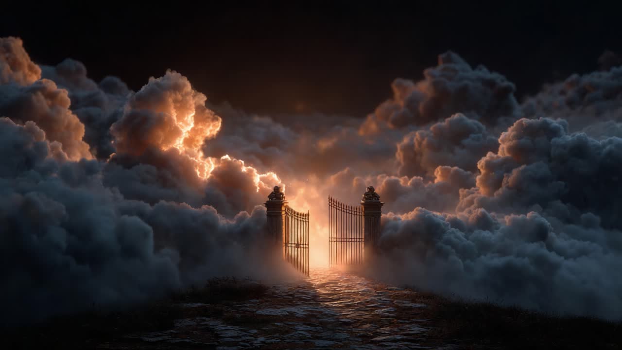 A Mystical Journey Through the Enigmatic Gate: An Ethereal Transformation from Darkness to Radiance as the Sun Emerges Amidst the Clouds