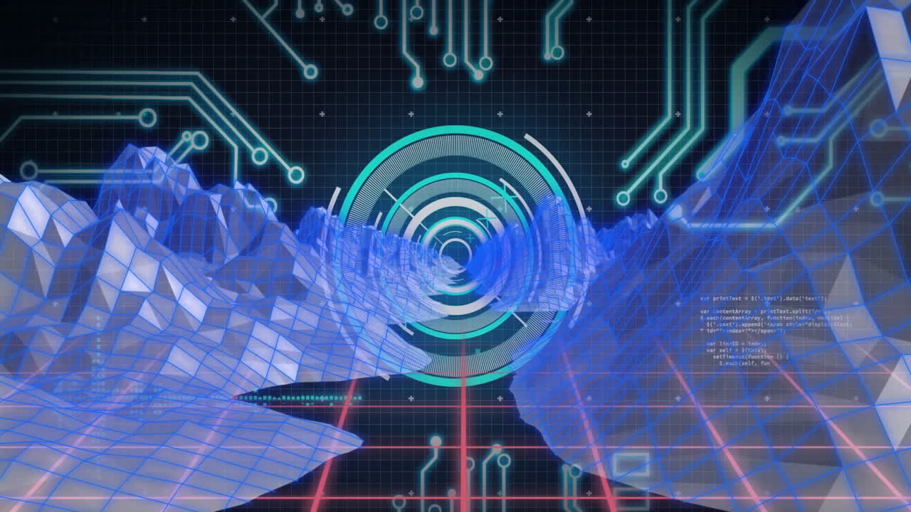 Animation of blue futuristic digital landscape with circuit patterns and geometric mountains