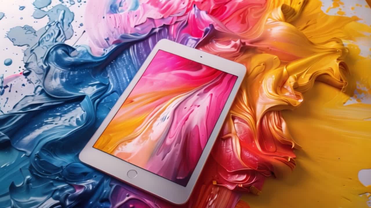 Tablet Displaying Abstract Art on a Canvas of Colorful Paint Splatters