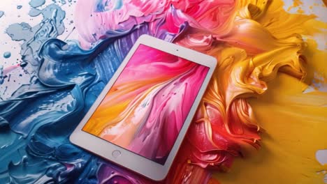 tablet displaying abstract art on a canvas of colorful paint splatters