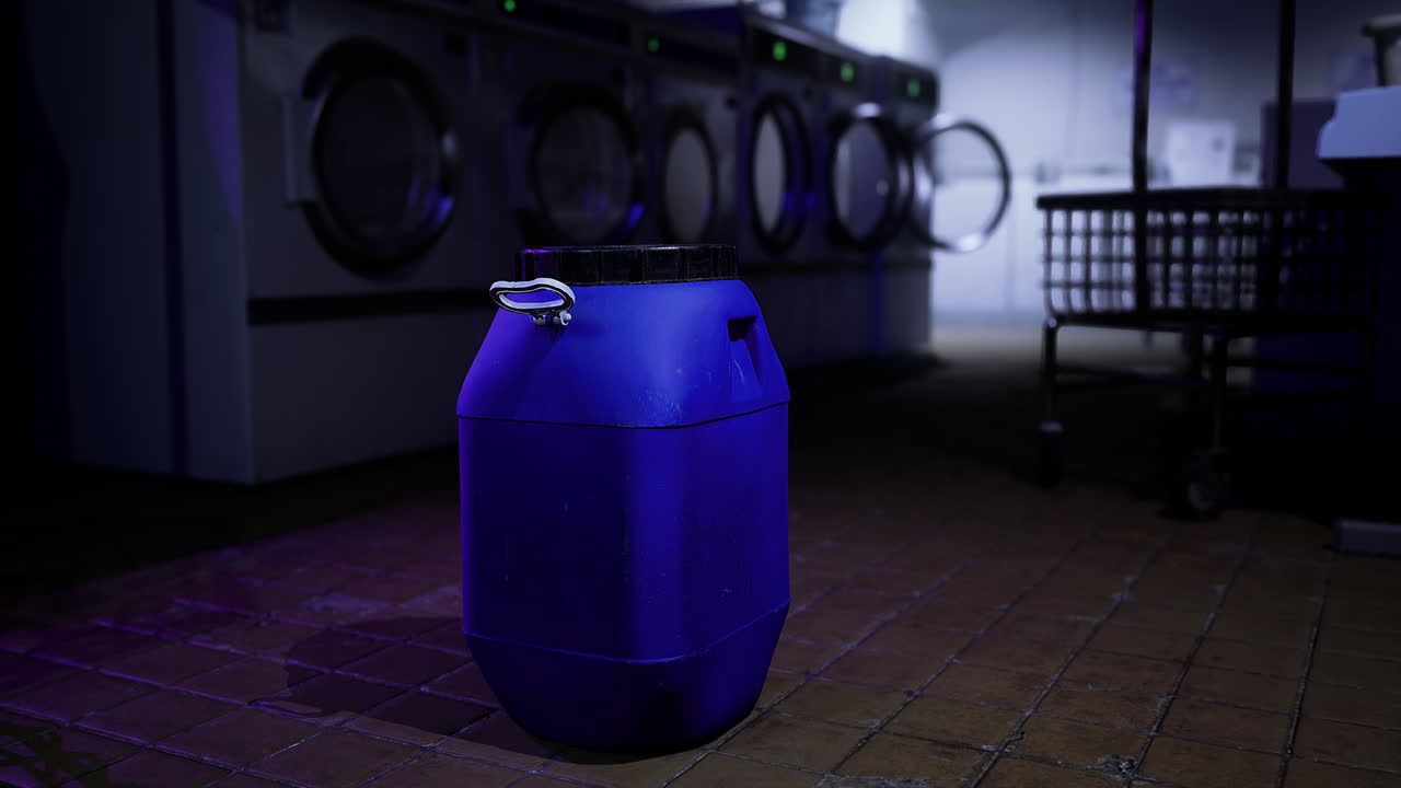 Laundry facility with a blue container in a low lit environment
