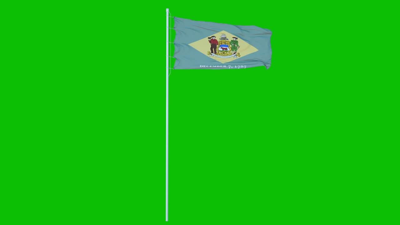 la bandera del estado de delaware de los estados unidos ondeando en el viento en pantalla verde o fondo de tecla de croma. animación 4k