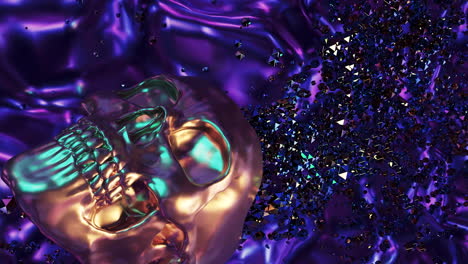 golden skull with crystals on purple fabric background