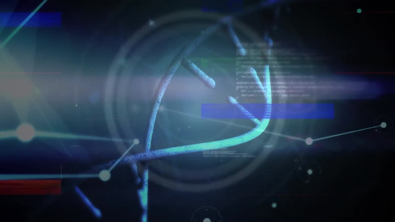 파란색 배경에 과학적 데이터 처리 위에 회전하는 dna 가닥의 애니메이션