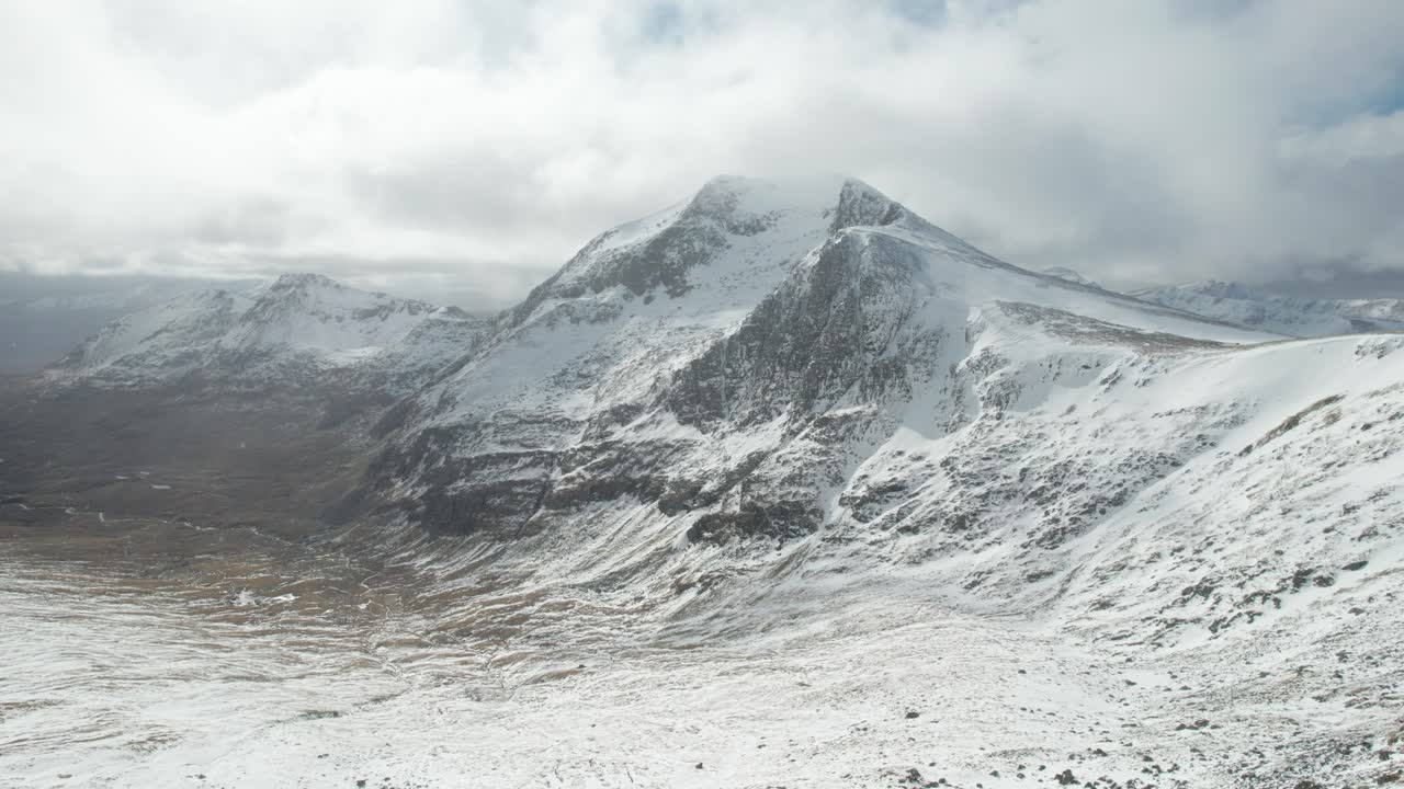 un paisaje montañoso nevado con sol y nubes en las tierras altas escocesas