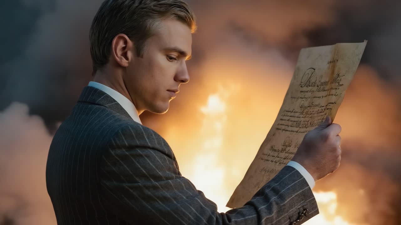 Man reading a document with fire in the background