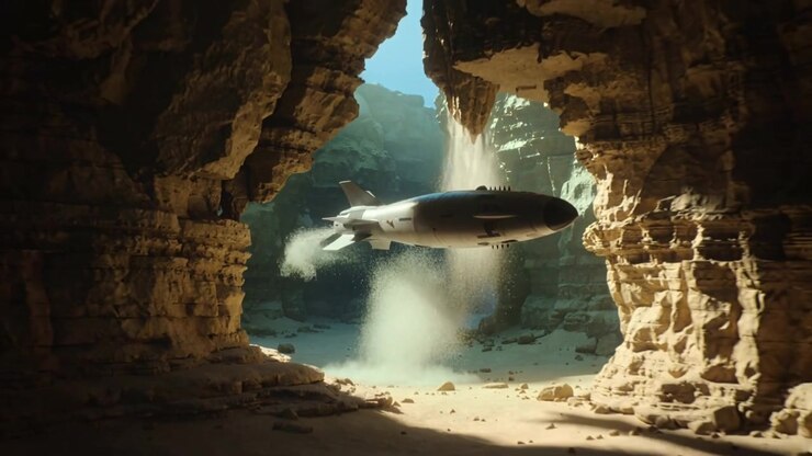 Thrusters firing, white rocket capsule descending into sunlit rock cavern to land, kicking up dust