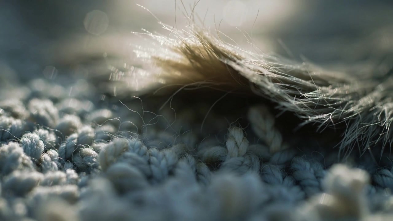 Shifting focus revealing fur patch moving across looped carpet at home backlit to show texture