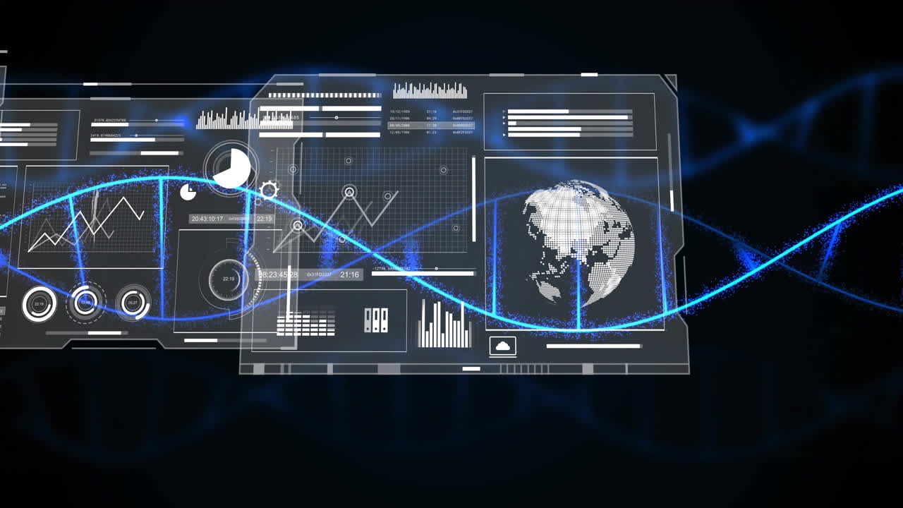Digital data interface being animated against dark background, with clear panels and glowing strand