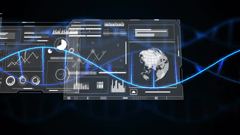 digital data interface being animated against dark background, with clear panels and glowing strand