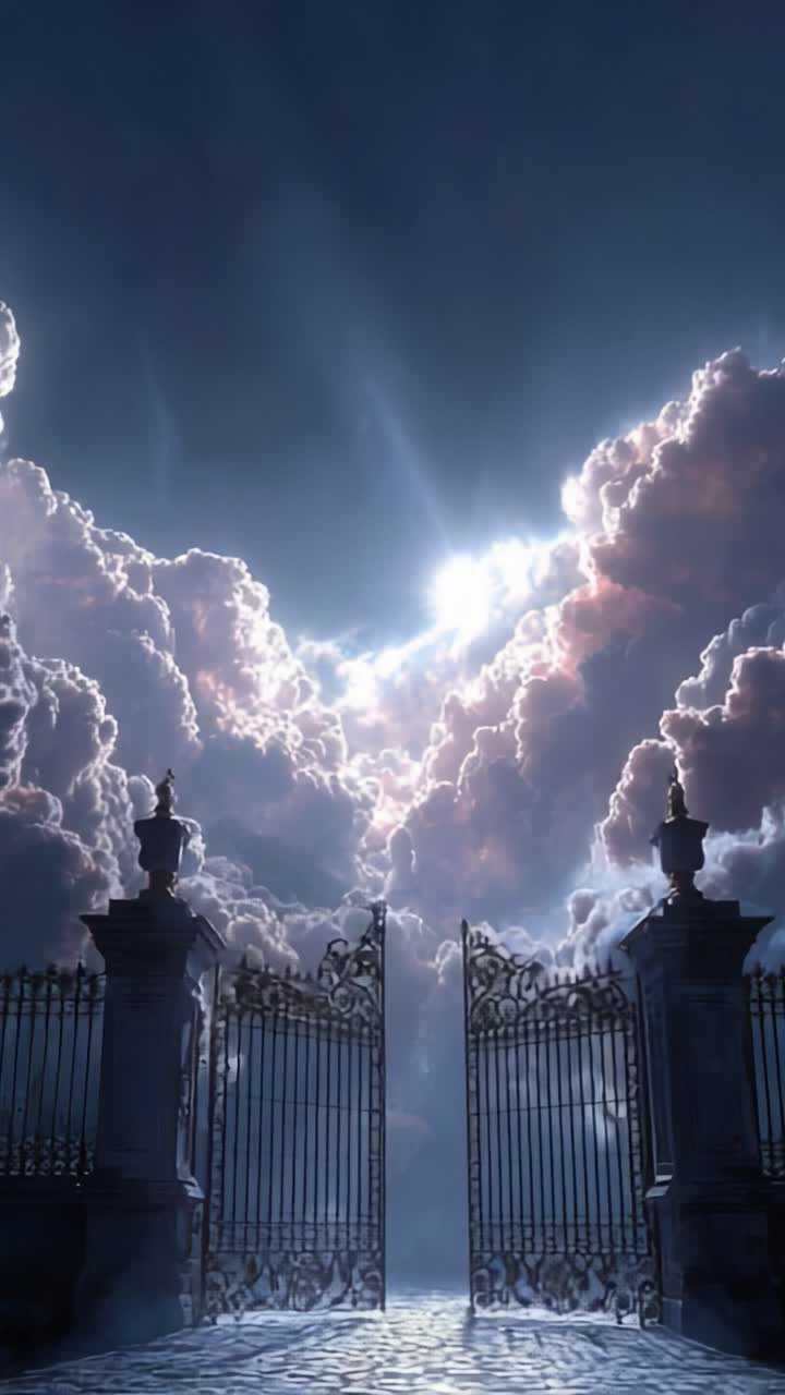 A Majestic Gateway to the Celestial Realm: Embracing the Ethereal Beauty of Luminous Clouds and Open Gates Under a Stunning Sky