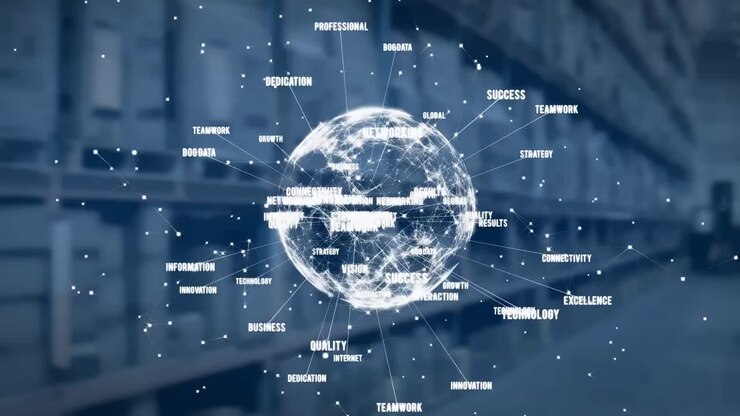 Animation of globe with network of connections over warehouse