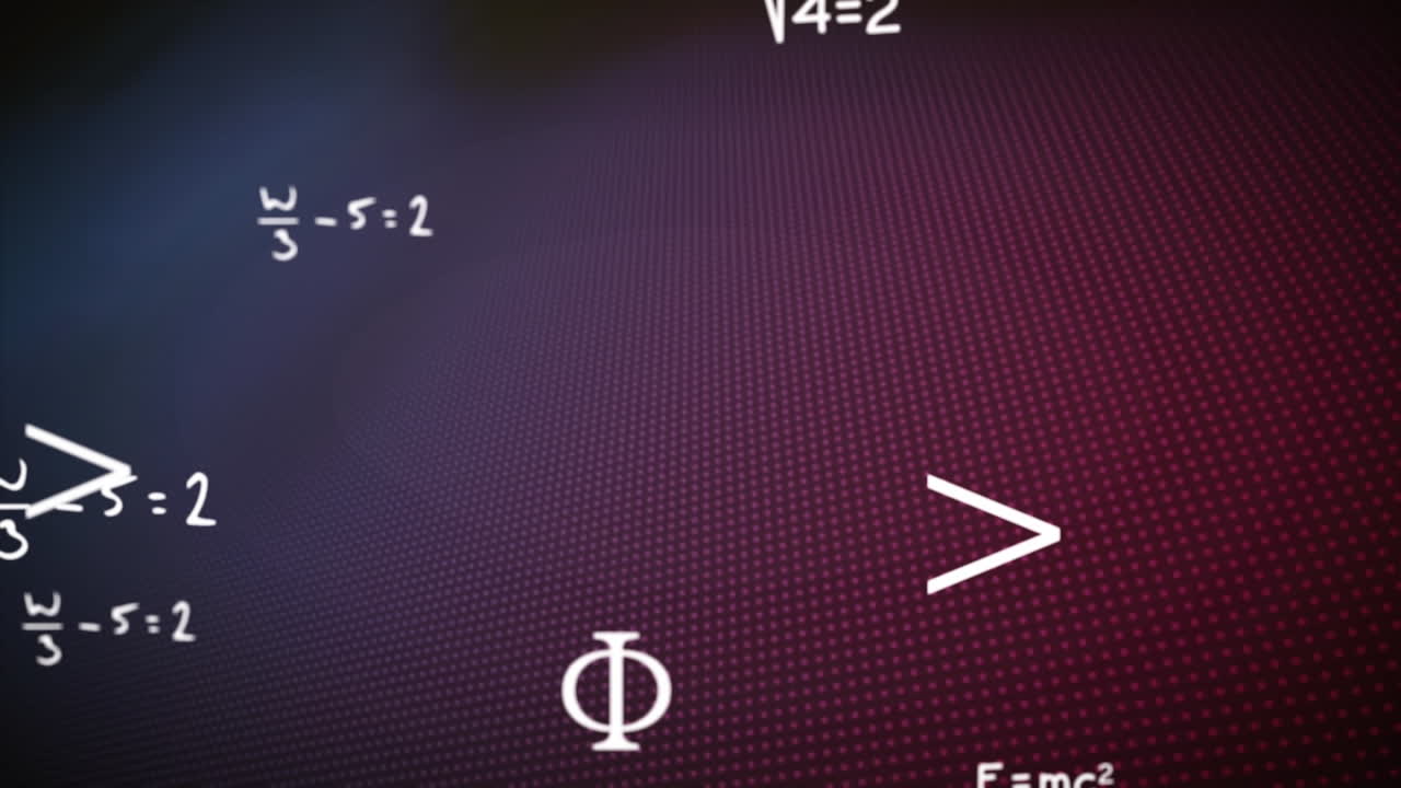 animación de ecuaciones matemáticas flotantes blancas sobre un fondo multicolor