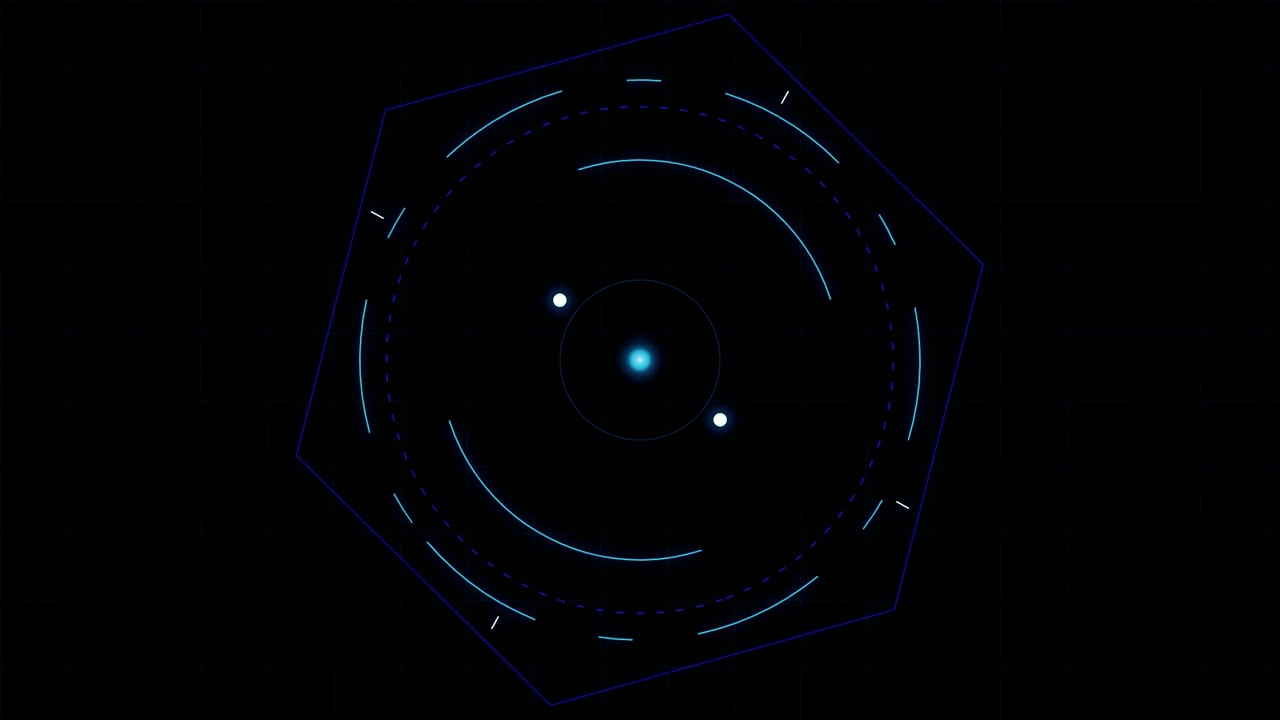 Abstract Digital Hexagon Interface with Rotating Light Orbs