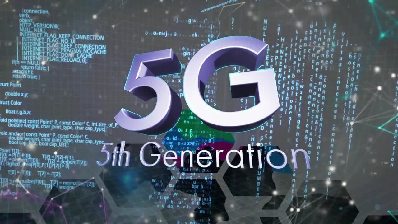 은색 텍스트의 애니메이션 5g 5세대, 회색 배경에 네트워크 및 데이터 처리
