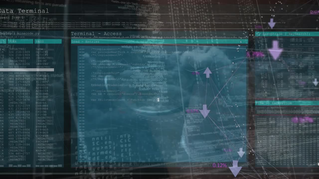 Animasjon av databehandling over en kaukasisk mann og en himmel med skyer.