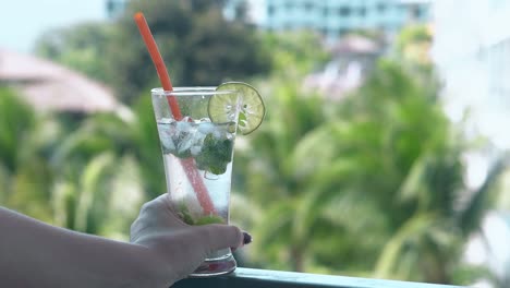 small ice lumps and mint leaves float inside tall glass