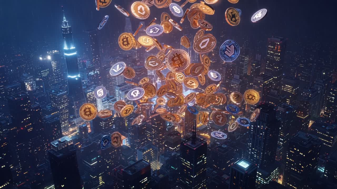 A Stunning Nightscape Features a Cascade of Digital Coins in the Rain, Symbolizing the Emergence and Influence of Cryptocurrency Over Urban Landscapes