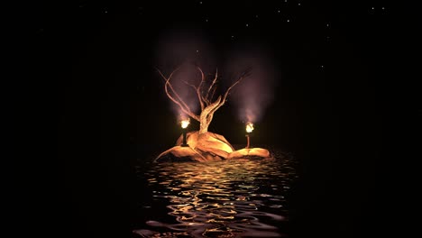 torch fires on rocks with leafless acacia tree, water reflections, particles, and glowing stars animation