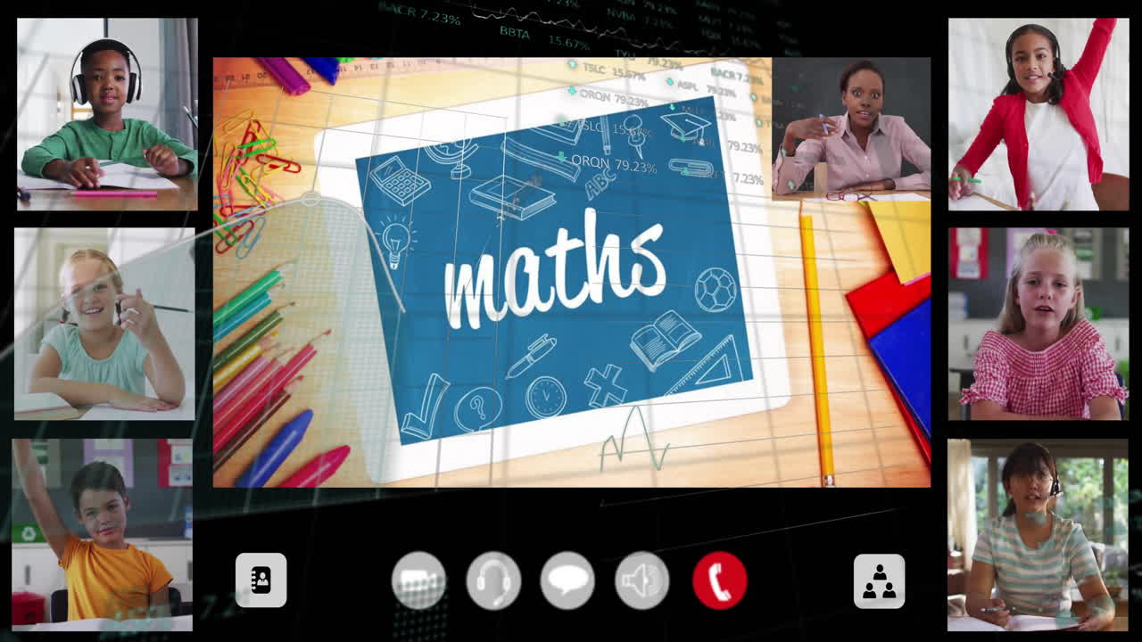 In school, children using animation for online math class with colorful stationery