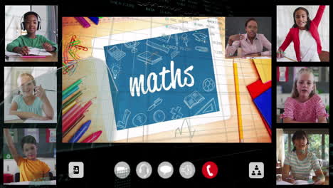 in school, children using animation for online math class with colorful stationery