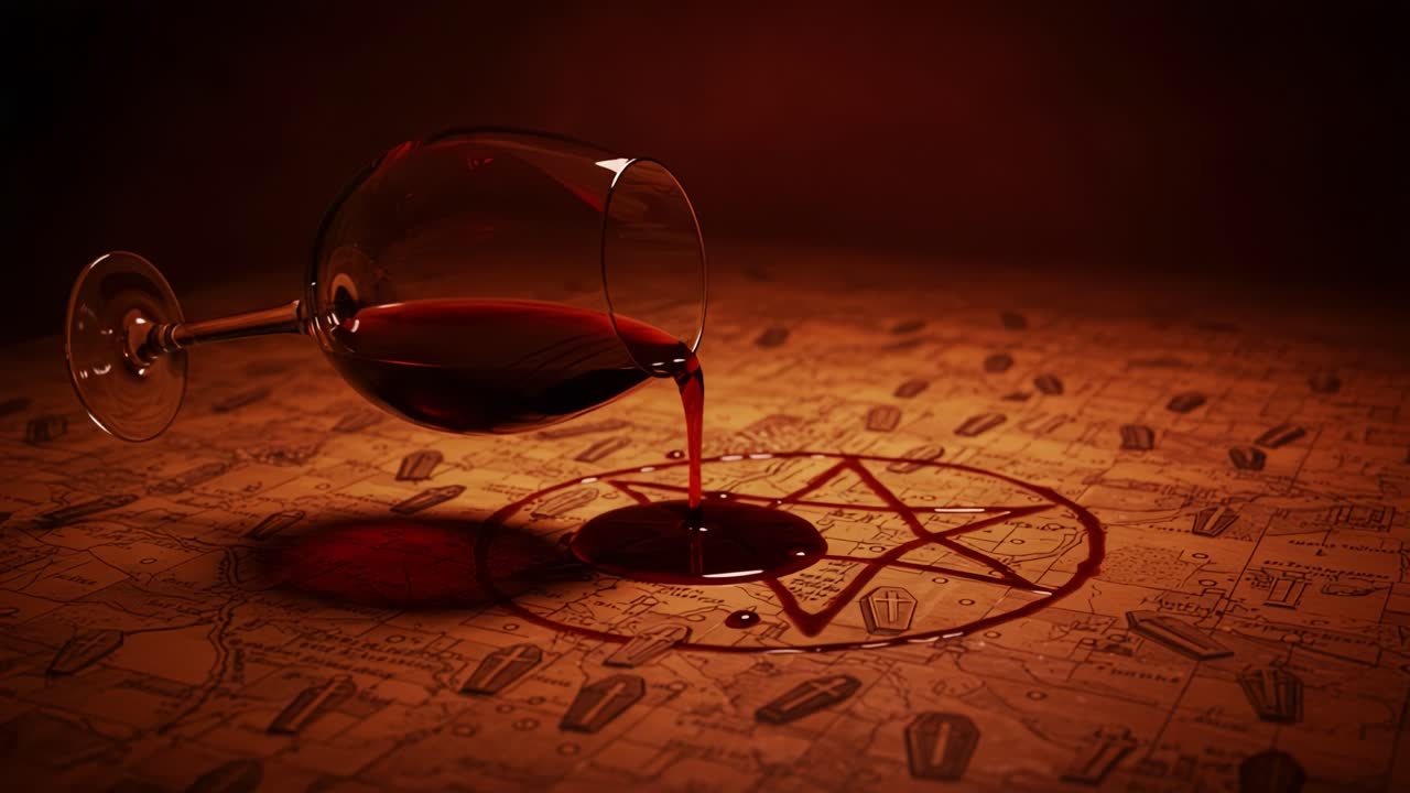 En fascinerende scene med et spildt glas rødvin, der skaber en mystisk plet over et vintagekort, hvilket fremkalder elementer af spænding og mørk symbolik