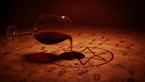 an intriguing scene featuring a spilled glass of red wine creating a mysterious stain over a vintage map, evoking elements of suspense and dark symbolism