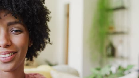 Video-half-face-portrait-of-smiling-biracial-woman-laughing-at-home,-with-copy-space