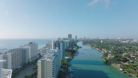 Luxury-urban-borough-on-seaside,-multistorey-apartment-buildings-surrounded-by-water.-Sunny-day-in-town.-Miami,-USA