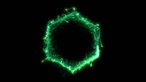 seamless loop. animation of a hexagonal green portal consisting of particles and bursts of energy isolated on black background with alpha luma matte vfx cg 4k.