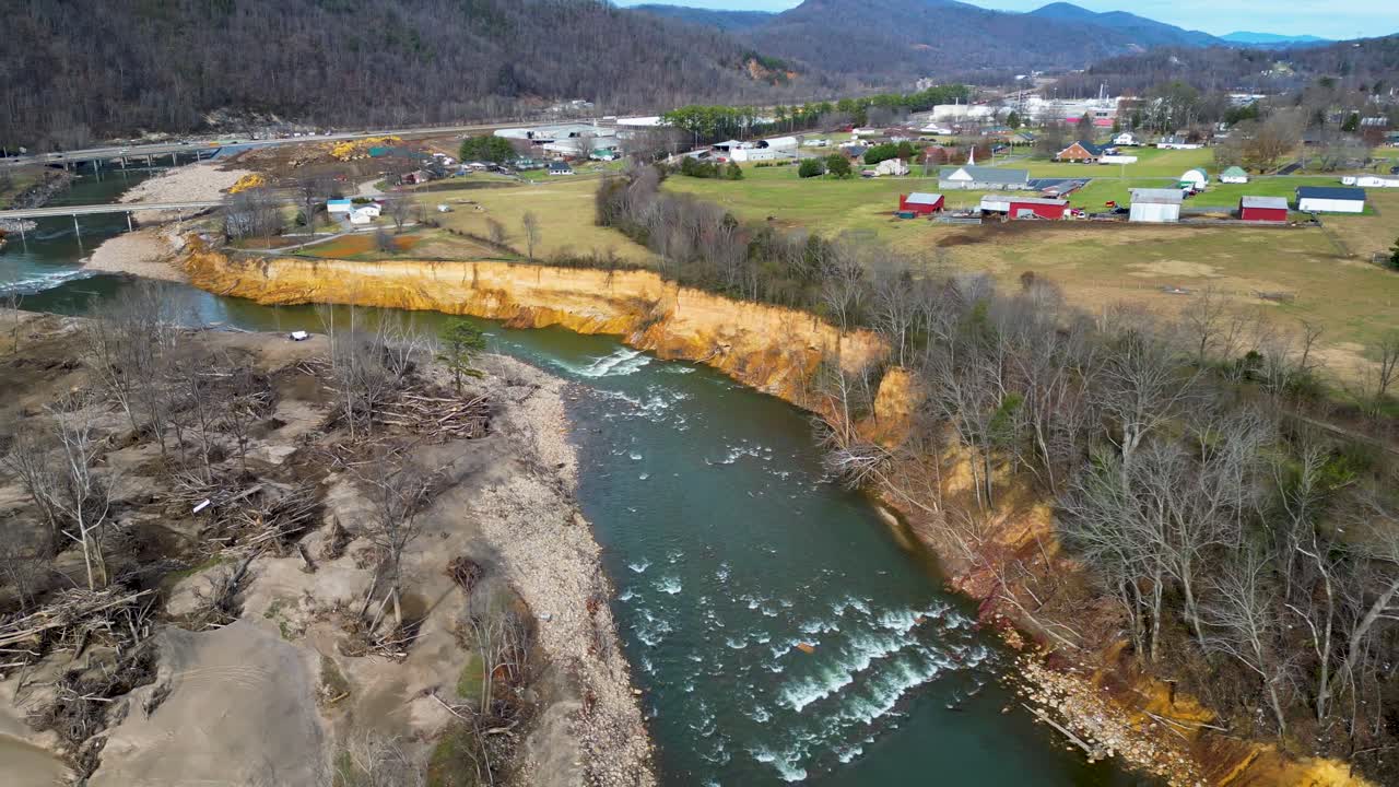 4K Aerial Drone Video of Erosion of the Nolichucky River Near Farmlands in Erwin, TN Caused by Flooding after Hurricane Helene (2024)