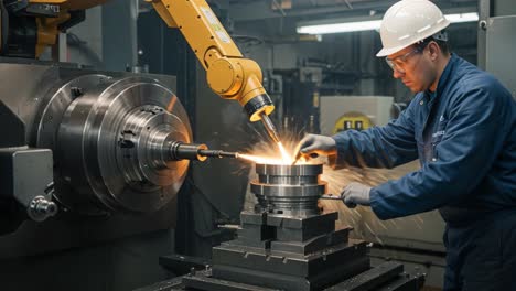 precision engineering in motion: a skilled worker operates an advanced robotic arm for metal machining, showcasing the integration of technology and craftsmanship