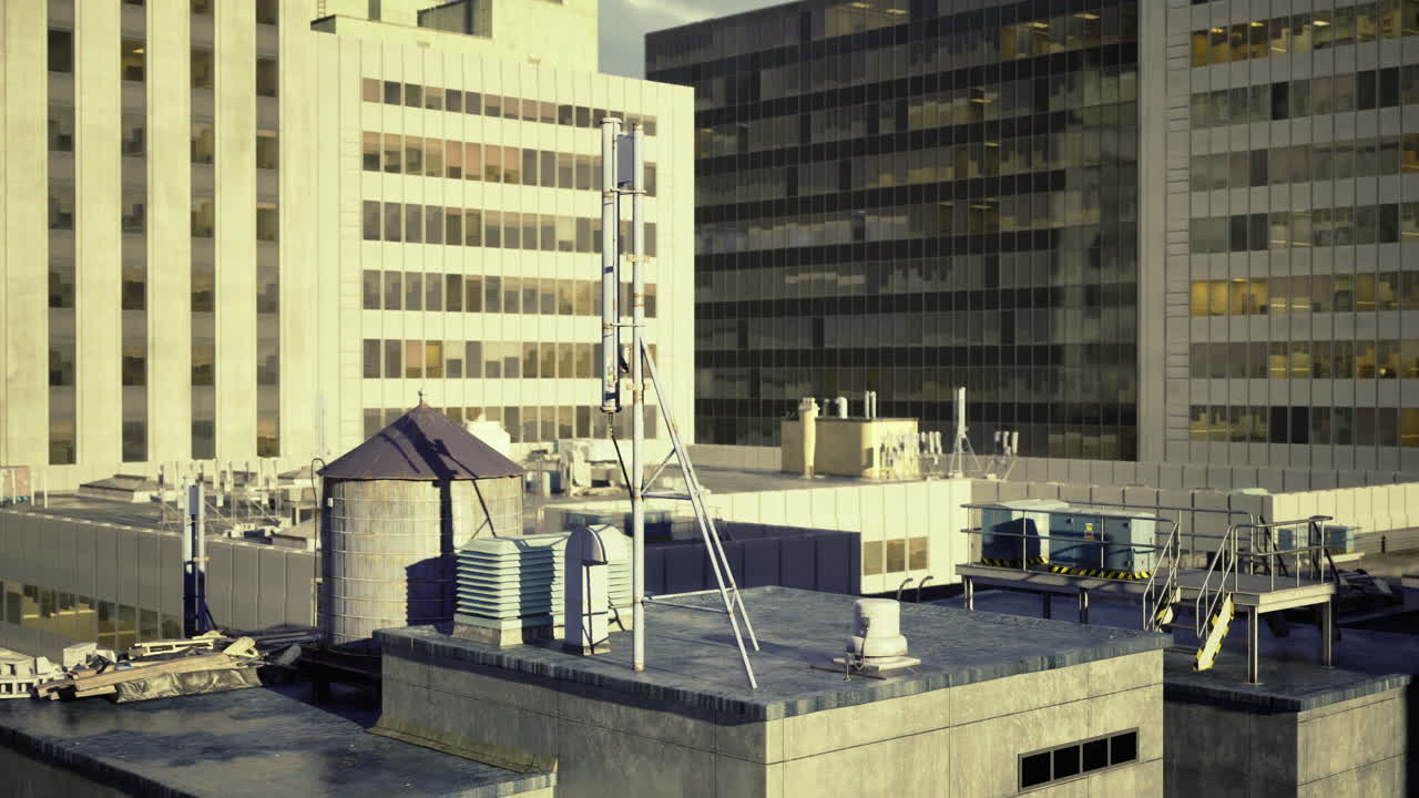 Building rooftops in an urban setting during the early morning light