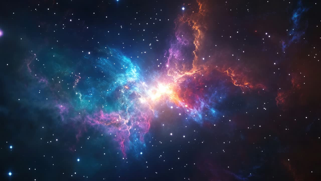 Un'esplosione cosmica di colori vivaci nello spazio profondo, catturata da una prospettiva grandangolare