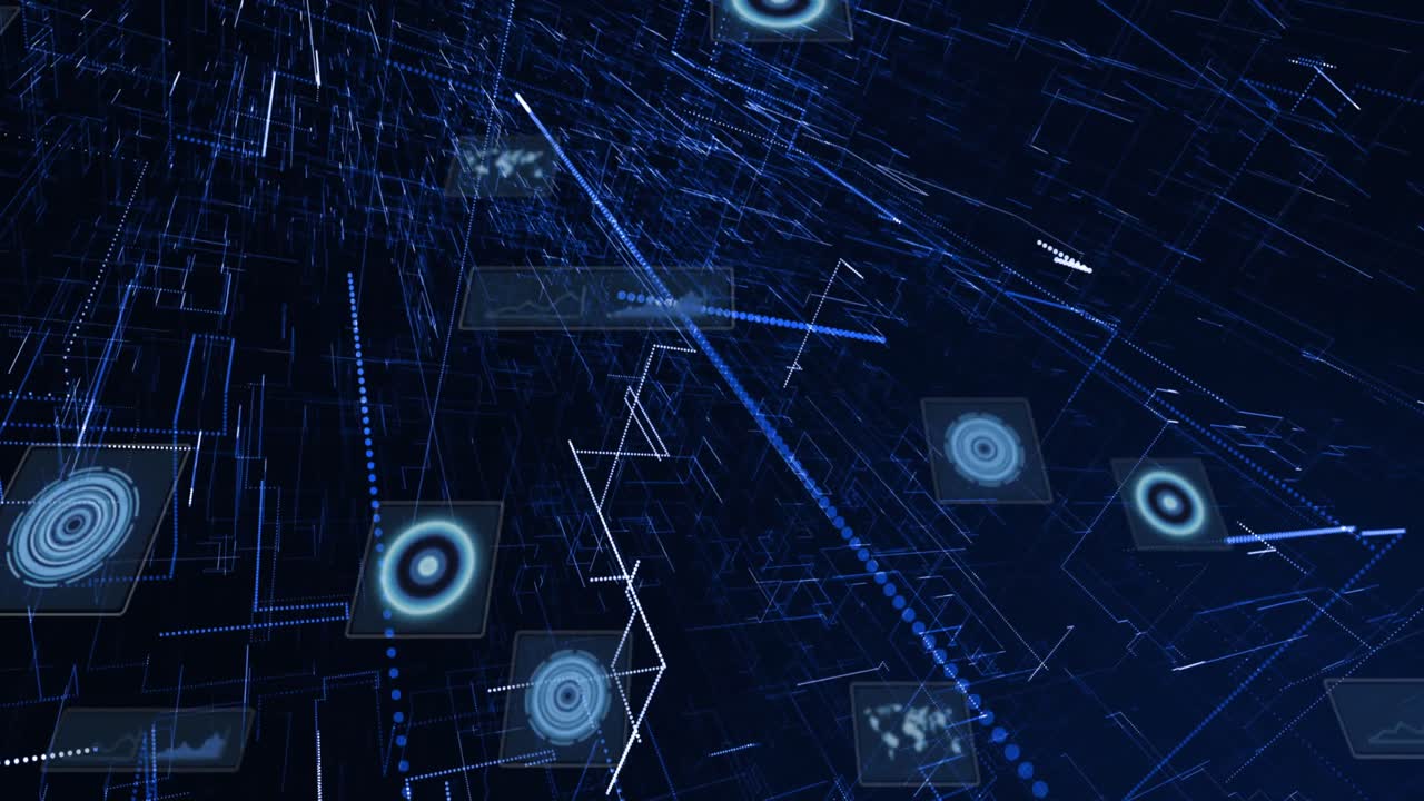 animación de escaneado de visores y procesamiento de datos en fondo oscuro