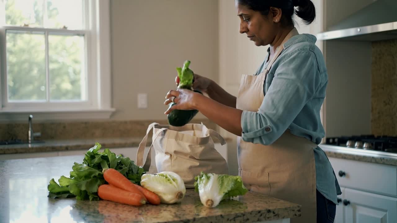 Placing cabbage, woman unpacking tote on counter, inspecting and arranging vegetables for meal prep