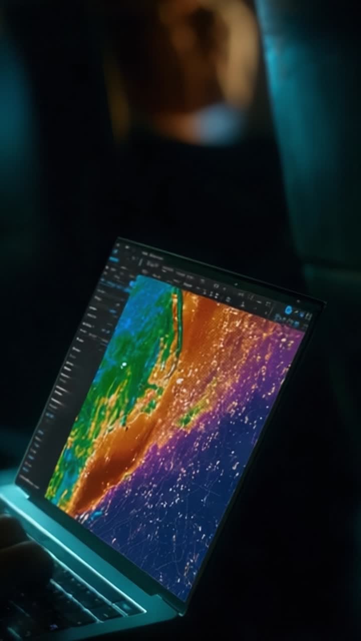 Laptop exibindo visualização colorida de dados de informações geográficas com foco em técnicas de mapeamento digital e interface de software de mapeamento interativo.