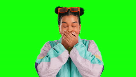 shock, woman and face with green screen