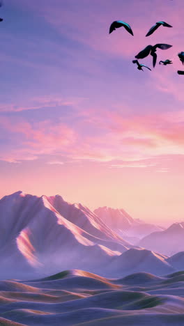 flock of birds/bats over a mountain sunrise