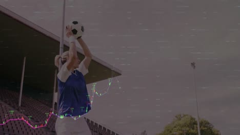 animación de una pantalla digital con datos financieros sobre una mujer caucásica con una pelota de fútbol.