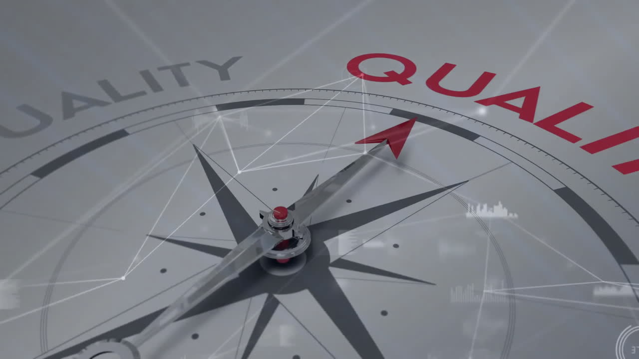 Animation of magnetic needle on compass pointing to quality text over data and networks