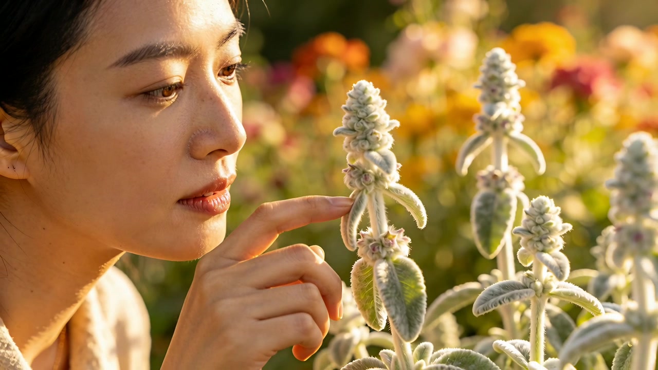 庭でひざまずくアジア人女性が、ふわふわした茎の植物に触れて調べている。コピースペースあり。