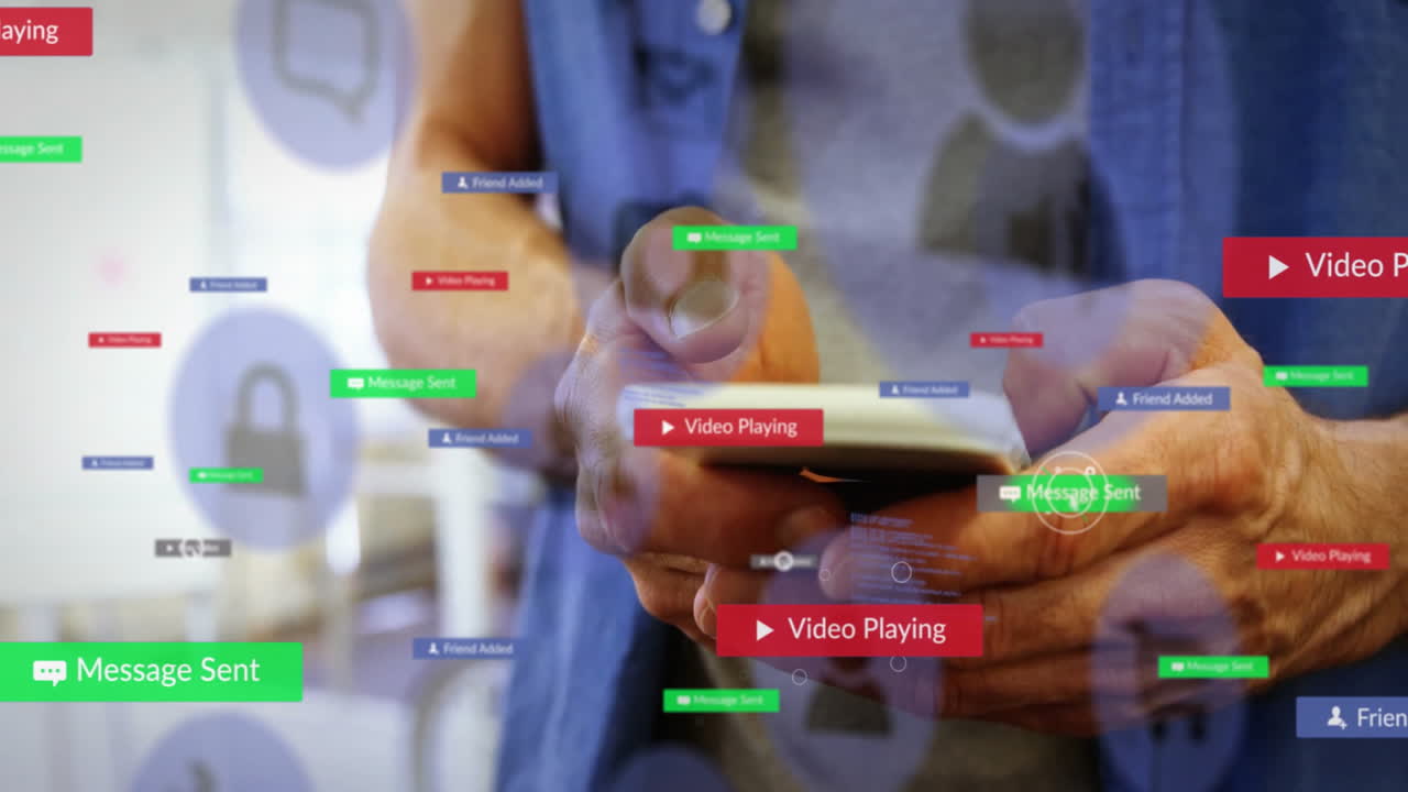 Interacting with smartphone, hands using animation icons for notifications and video