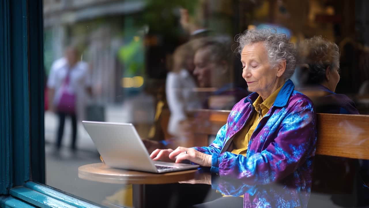 Kvinde sidder ved cafévindue og skriver på bærbar computer. Blødt lys skinner på hendes fokuserede ansigt. En travl gade er synlig gennem glasset bag hende. Koffein og forbindelse, rolig og kreativ stemning. Perfekt til digitalt, fjernarbejde.